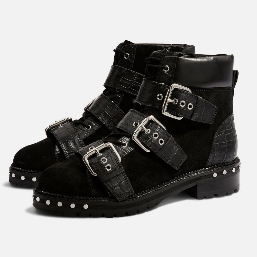 🆕 Topshop Animal Hiker Boot Black Buckle 38